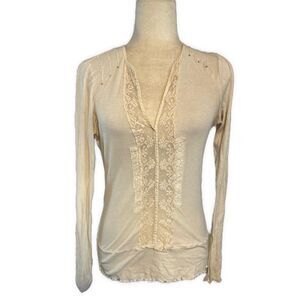 Burning Torch Anthropologie Solid Bone Ivory White Long Sleeve Lace Top T Shirt
